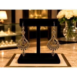 Vintage Monet Gold Tone Marcasite Style Chandelier Dangle Earrings Signed Monet